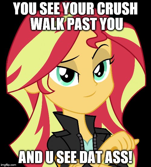  YOU SEE YOUR CRUSH WALK PAST YOU; AND U SEE DAT ASS! | image tagged in sunset shimmer | made w/ Imgflip meme maker