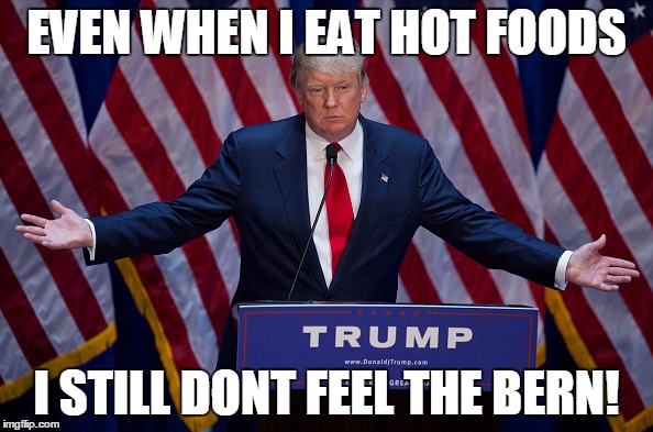 There is two ways you can think of this... | EVEN WHEN I EAT HOT FOODS; I STILL DONT FEEL THE BERN! | image tagged in donald trump | made w/ Imgflip meme maker