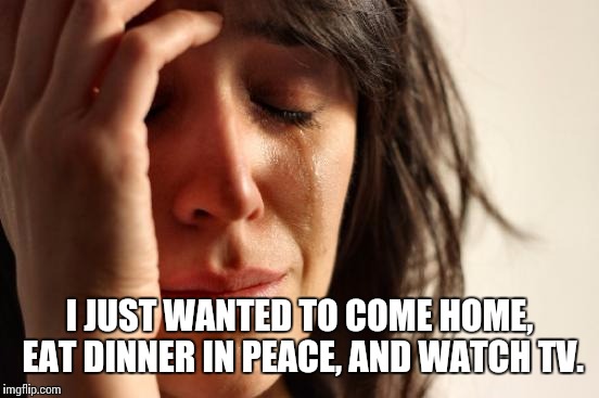 First World Problems | I JUST WANTED TO COME HOME, EAT DINNER IN PEACE, AND WATCH TV. | image tagged in memes,first world problems | made w/ Imgflip meme maker