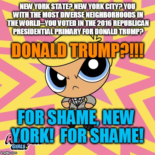Voted Donald Trump? For Shame, New York!  | NEW YORK STATE? NEW YORK CITY? YOU WITH THE MOST DIVERSE NEIGHBORHOODS IN THE WORLD--YOU VOTED IN THE 2016 REPUBLICAN PRESIDENTIAL PRIMARY FOR DONALD TRUMP? DONALD TRUMP?!!! FOR SHAME, NEW YORK!  FOR SHAME! | image tagged in donald trump,trump 2016,trump,new york,new york city,republican primaries | made w/ Imgflip meme maker