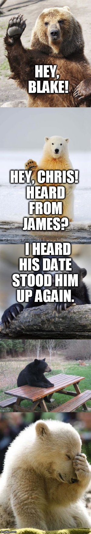 Conversation  | HEY, BLAKE! HEY, CHRIS! HEARD FROM JAMES? I HEARD HIS DATE STOOD HIM UP AGAIN. | image tagged in hello bear,confession bear,bad luck bear,facepalm bear | made w/ Imgflip meme maker
