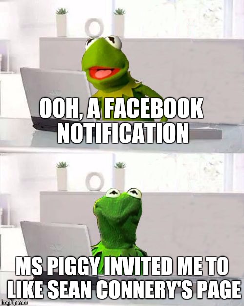 Hide The Pain Kermit | OOH, A FACEBOOK NOTIFICATION; MS PIGGY INVITED ME TO LIKE SEAN CONNERY'S PAGE | image tagged in hide the pain kermit | made w/ Imgflip meme maker