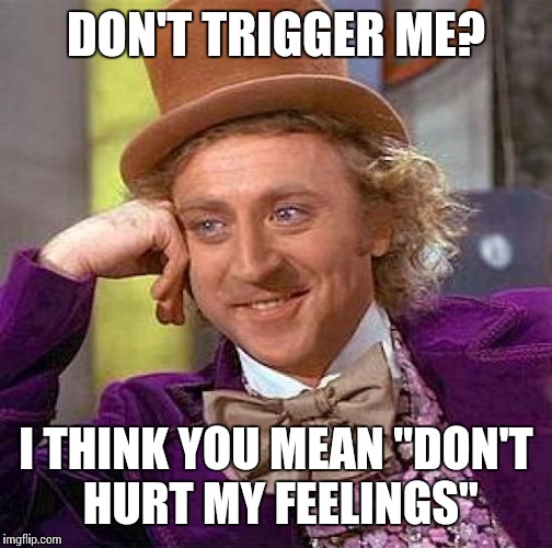 Creepy Condescending Wonka | DON'T TRIGGER ME? I THINK YOU MEAN "DON'T HURT MY FEELINGS" | image tagged in memes,creepy condescending wonka | made w/ Imgflip meme maker