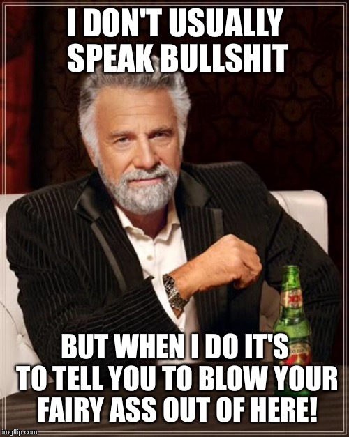 The Most Interesting Man In The World Meme | I DON'T USUALLY SPEAK BULLSHIT BUT WHEN I DO IT'S TO TELL YOU TO BLOW YOUR FAIRY ASS OUT OF HERE! | image tagged in memes,the most interesting man in the world | made w/ Imgflip meme maker