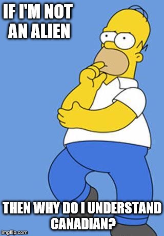 Homer Simpson Thinking | IF I'M NOT AN ALIEN; THEN WHY DO I UNDERSTAND CANADIAN? | image tagged in homer simpson thinking | made w/ Imgflip meme maker