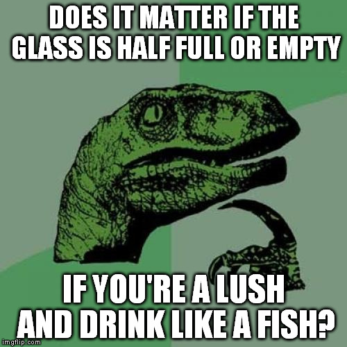 Wino Crisis  | DOES IT MATTER IF THE GLASS IS HALF FULL OR EMPTY; IF YOU'RE A LUSH AND DRINK LIKE A FISH? | image tagged in memes,philosoraptor,futile philospohical musings | made w/ Imgflip meme maker