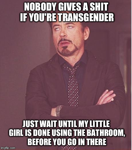 Face You Make Robert Downey Jr Meme | NOBODY GIVES A SHIT IF YOU'RE TRANSGENDER; JUST WAIT UNTIL MY LITTLE GIRL IS DONE USING THE BATHROOM, BEFORE YOU GO IN THERE | image tagged in memes,face you make robert downey jr | made w/ Imgflip meme maker