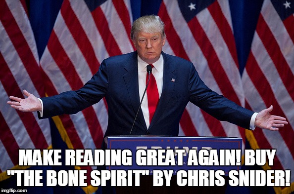 I normally don't submit memes I make for marketing, but I thought this one was too good not to. Hee hee. | MAKE READING GREAT AGAIN! BUY "THE BONE SPIRIT" BY CHRIS SNIDER! | image tagged in donald trump,books,reading,america | made w/ Imgflip meme maker