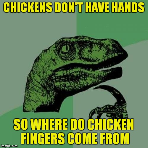 Philosoraptor Meme | CHICKENS DON'T HAVE HANDS; SO WHERE DO CHICKEN FINGERS COME FROM | image tagged in memes,philosoraptor | made w/ Imgflip meme maker