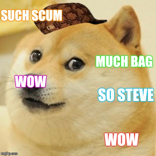 Doge Meme |  SUCH SCUM; MUCH BAG; WOW; SO STEVE; WOW | image tagged in memes,doge,scumbag | made w/ Imgflip meme maker
