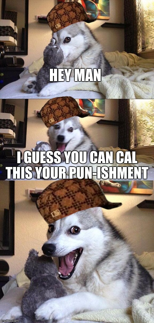 Bad Pun Dog Meme | HEY MAN; I GUESS YOU CAN CAL THIS YOUR PUN-ISHMENT | image tagged in memes,bad pun dog,scumbag | made w/ Imgflip meme maker