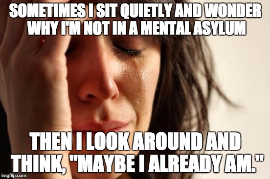 First World Problems Meme | SOMETIMES I SIT QUIETLY AND WONDER WHY I'M NOT IN A MENTAL ASYLUM; THEN I LOOK AROUND AND THINK, "MAYBE I ALREADY AM." | image tagged in memes,first world problems | made w/ Imgflip meme maker