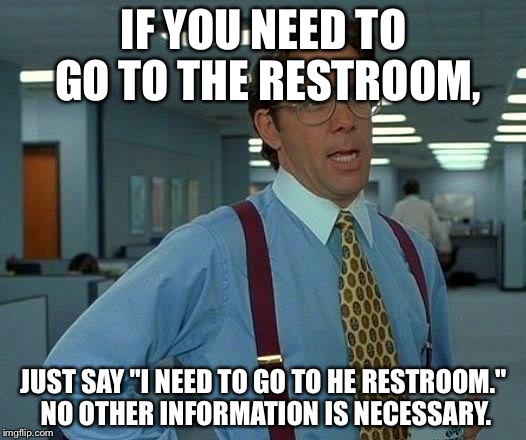 That Would Be Great Meme | IF YOU NEED TO GO TO THE RESTROOM, JUST SAY "I NEED TO GO TO HE RESTROOM." NO OTHER INFORMATION IS NECESSARY. | image tagged in memes,that would be great | made w/ Imgflip meme maker