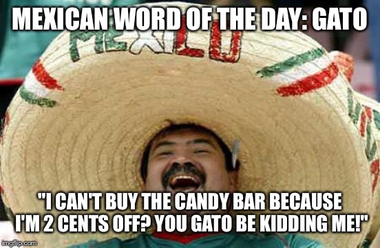 Happy Mexican | MEXICAN WORD OF THE DAY: GATO; "I CAN'T BUY THE CANDY BAR BECAUSE I'M 2 CENTS OFF? YOU GATO BE KIDDING ME!" | image tagged in happy mexican | made w/ Imgflip meme maker