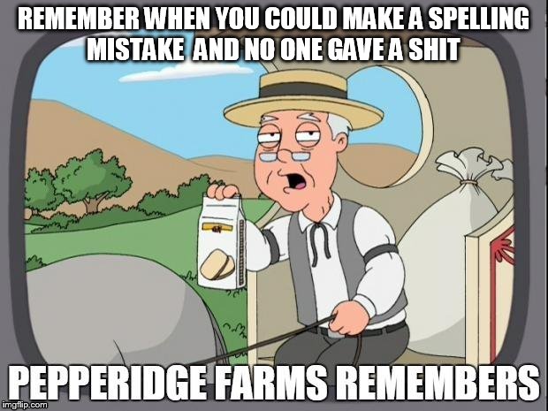 PEPPERIDGE FARMS REMEMBERS | REMEMBER WHEN YOU COULD MAKE A SPELLING MISTAKE  AND NO ONE GAVE A SHIT | image tagged in pepperidge farms remembers | made w/ Imgflip meme maker