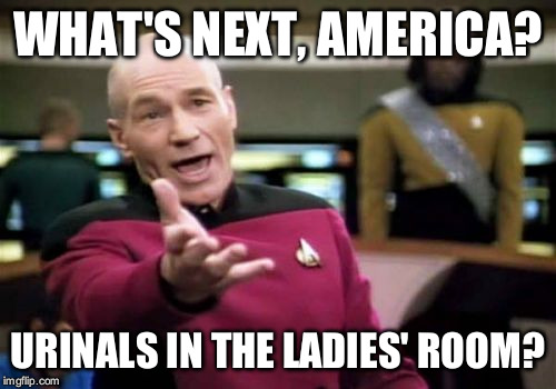 Picard Wtf | WHAT'S NEXT, AMERICA? URINALS IN THE LADIES' ROOM? | image tagged in memes,picard wtf | made w/ Imgflip meme maker