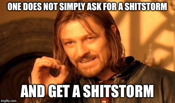 One Does Not Simply Meme | ONE DOES NOT SIMPLY ASK FOR A SHITSTORM AND GET A SHITSTORM | image tagged in memes,one does not simply | made w/ Imgflip meme maker