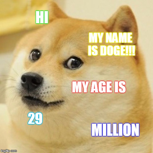 Doge Meme | HI; MY NAME IS DOGE!!! MY AGE IS; 29; MILLION | image tagged in memes,doge | made w/ Imgflip meme maker