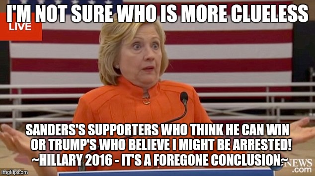 Hilary not sure if she wiped | I'M NOT SURE WHO IS MORE CLUELESS; SANDERS'S SUPPORTERS WHO THINK HE CAN WIN   OR TRUMP'S WHO BELIEVE I MIGHT BE ARRESTED!  ~HILLARY 2016 - IT'S A FOREGONE CONCLUSION~ | image tagged in hilary not sure if she wiped | made w/ Imgflip meme maker