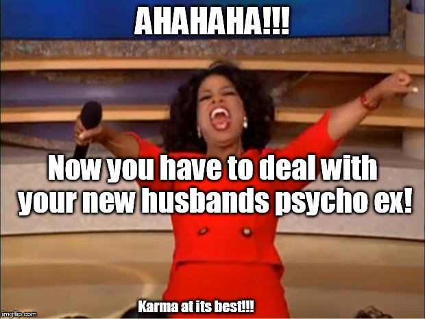Oprah You Get A | AHAHAHA!!! Now you have to deal with your new husbands psycho ex! Karma at its best!!! | image tagged in memes,oprah you get a | made w/ Imgflip meme maker