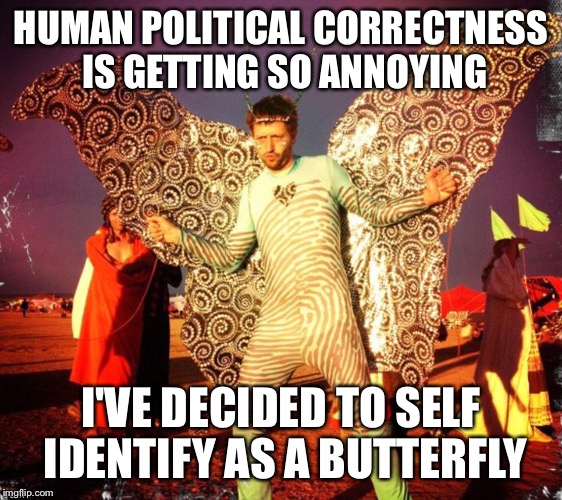 Tough call | HUMAN POLITICAL CORRECTNESS IS GETTING SO ANNOYING; I'VE DECIDED TO SELF IDENTIFY AS A BUTTERFLY | image tagged in transgender,political correctness,human rights | made w/ Imgflip meme maker