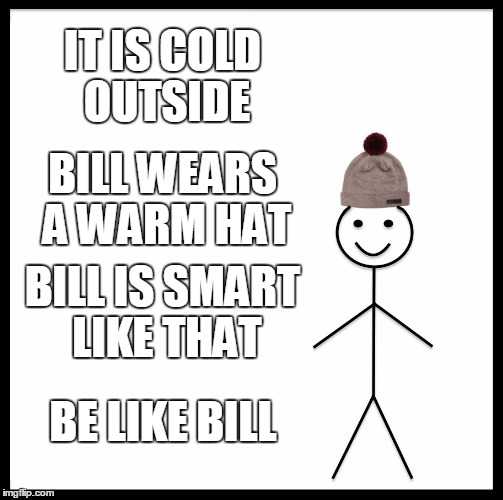 Be Like Bill | IT IS COLD OUTSIDE; BILL WEARS A WARM HAT; BILL IS SMART LIKE THAT; BE LIKE BILL | image tagged in memes,be like bill | made w/ Imgflip meme maker