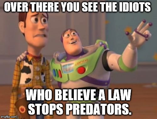 X, X Everywhere | OVER THERE YOU SEE THE IDIOTS; WHO BELIEVE A LAW STOPS PREDATORS. | image tagged in memes,x x everywhere | made w/ Imgflip meme maker