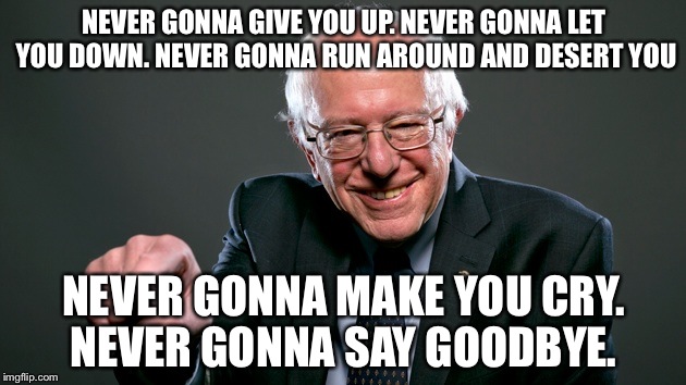 NEVER GONNA GIVE YOU UP. NEVER GONNA LET YOU DOWN. NEVER GONNA RUN AROUND AND DESERT YOU; NEVER GONNA MAKE YOU CRY. NEVER GONNA SAY GOODBYE. | image tagged in bernie sanders | made w/ Imgflip meme maker