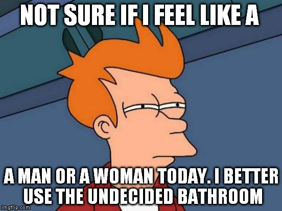 Futurama Fry | NOT SURE IF I FEEL LIKE A; A MAN OR A WOMAN TODAY. I BETTER USE THE UNDECIDED BATHROOM | image tagged in memes,futurama fry | made w/ Imgflip meme maker