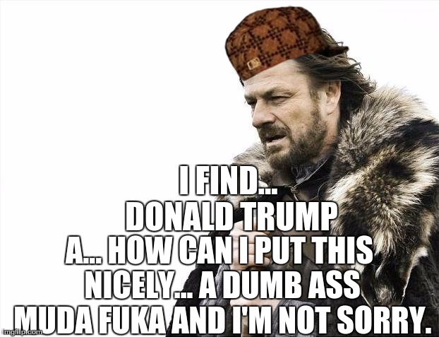 Brace Yourselves X is Coming | I FIND... DONALD TRUMP; A... HOW CAN I PUT THIS NICELY... A DUMB ASS MUDA FUKA AND I'M NOT SORRY. | image tagged in memes,brace yourselves x is coming,scumbag | made w/ Imgflip meme maker