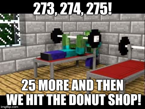 Zombies in the Gym | 273, 274, 275! 25 MORE AND THEN WE HIT THE DONUT SHOP! | image tagged in zombies in the gym,minecraft | made w/ Imgflip meme maker