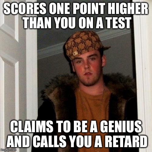 Scumbag Steve | SCORES ONE POINT HIGHER THAN YOU ON A TEST; CLAIMS TO BE A GENIUS AND CALLS YOU A RETARD | image tagged in memes,scumbag steve | made w/ Imgflip meme maker