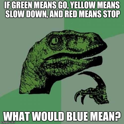 Philosoraptor Meme | IF GREEN MEANS GO, YELLOW MEANS SLOW DOWN, AND RED MEANS STOP; WHAT WOULD BLUE MEAN? | image tagged in memes,philosoraptor | made w/ Imgflip meme maker