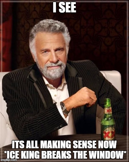 The Most Interesting Man In The World Meme | I SEE ITS ALL MAKING SENSE NOW *ICE KING BREAKS THE WINDOW* | image tagged in memes,the most interesting man in the world | made w/ Imgflip meme maker