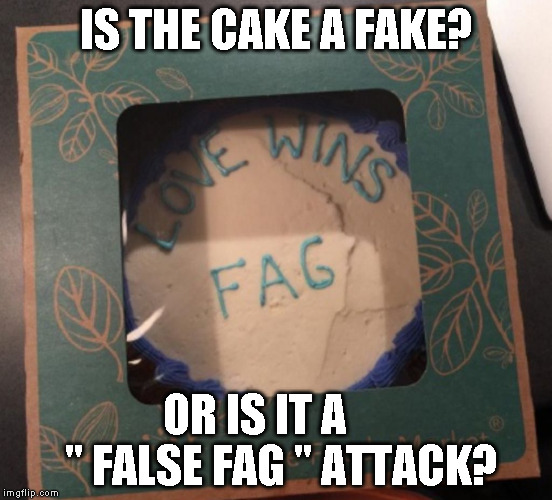 IS THE CAKE A FAKE? OR IS IT A    
 " FALSE FAG " ATTACK? | image tagged in fake cake | made w/ Imgflip meme maker