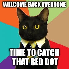 Buisness Cat  | WELCOME BACK EVERYONE; TIME TO CATCH THAT RED DOT | image tagged in buisness cat | made w/ Imgflip meme maker