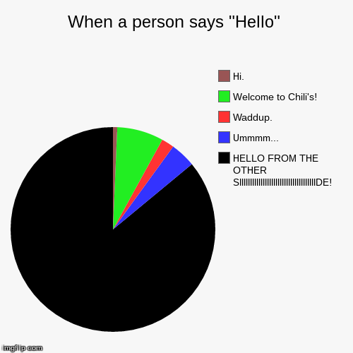 When a person says "Hello" | HELLO FROM THE OTHER SIIIIIIIIIIIIIIIIIIIIIIIIIIIIIIIIIIIIDE!, Ummmm..., Waddup., Welcome to Chili's!, Hi. | image tagged in funny,pie charts | made w/ Imgflip chart maker