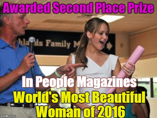 Jennifer Lawrence Bat | Awarded Second Place Prize; In People Magazines; World's Most Beautiful Woman of 2016 | image tagged in jennifer lawrence bat | made w/ Imgflip meme maker