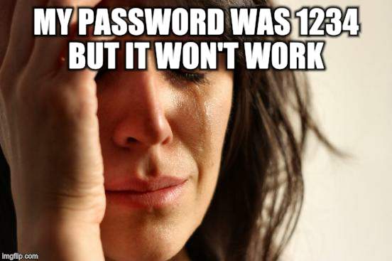 First World Problems Meme | MY PASSWORD WAS 1234 BUT IT WON'T WORK | image tagged in memes,first world problems | made w/ Imgflip meme maker