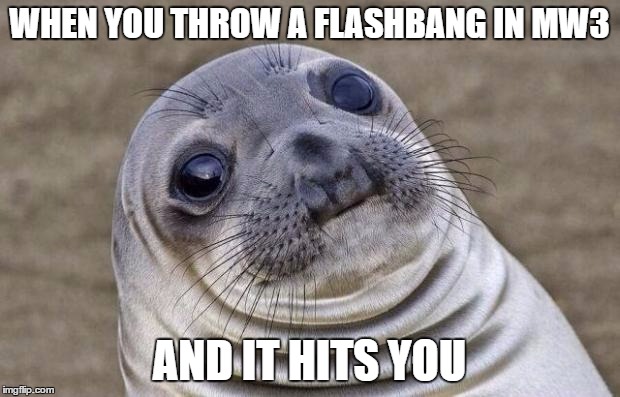 Awkward Moment Sealion Meme | WHEN YOU THROW A FLASHBANG IN MW3; AND IT HITS YOU | image tagged in memes,awkward moment sealion | made w/ Imgflip meme maker