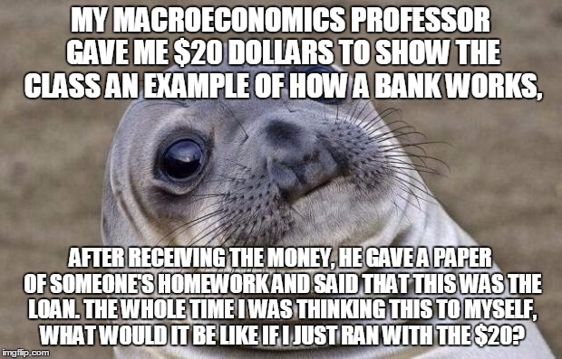Base On A True Story! | MY MACROECONOMICS PROFESSOR GAVE ME $20 DOLLARS TO SHOW THE CLASS AN EXAMPLE OF HOW A BANK WORKS, AFTER RECEIVING THE MONEY, HE GAVE A PAPER OF SOMEONE'S HOMEWORK AND SAID THAT THIS WAS THE LOAN. THE WHOLE TIME I WAS THINKING THIS TO MYSELF, WHAT WOULD IT BE LIKE IF I JUST RAN WITH THE $20? | image tagged in memes,awkward moment sealion,what would happen,economics,money,funny | made w/ Imgflip meme maker