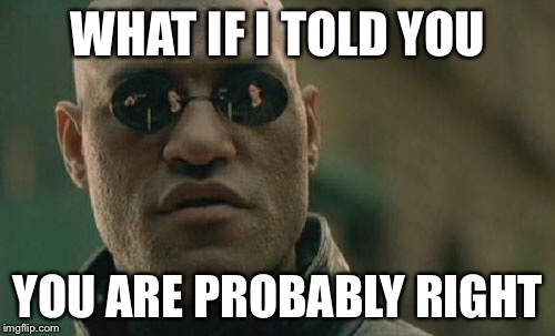 Matrix Morpheus Meme | WHAT IF I TOLD YOU YOU ARE PROBABLY RIGHT | image tagged in memes,matrix morpheus | made w/ Imgflip meme maker