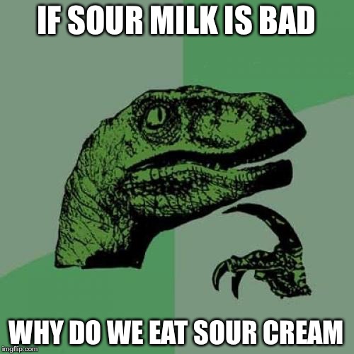 Philosoraptor | IF SOUR MILK IS BAD; WHY DO WE EAT SOUR CREAM | image tagged in memes,philosoraptor | made w/ Imgflip meme maker