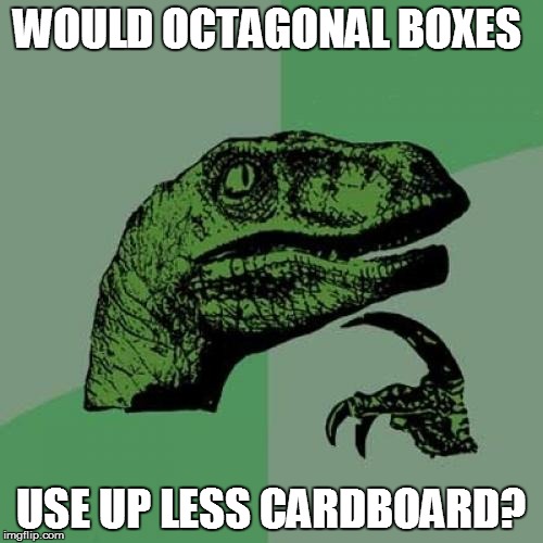 Philosoraptor Meme | WOULD OCTAGONAL BOXES USE UP LESS CARDBOARD? | image tagged in memes,philosoraptor | made w/ Imgflip meme maker