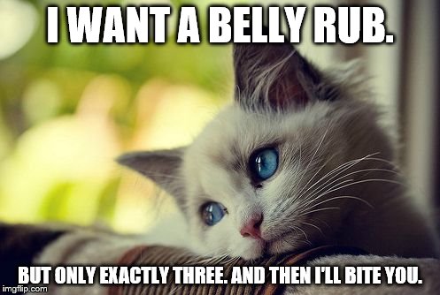 First World Problems Cat Meme | I WANT A BELLY RUB. BUT ONLY EXACTLY THREE. AND THEN I'LL BITE YOU. | image tagged in memes,first world problems cat | made w/ Imgflip meme maker