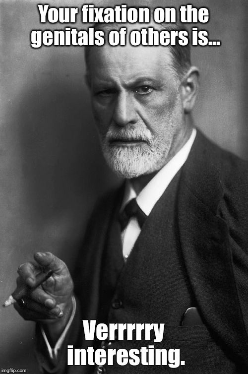 Sigmund Freud | Your fixation on the genitals of others is... Verrrrry interesting. | image tagged in memes,sigmund freud | made w/ Imgflip meme maker