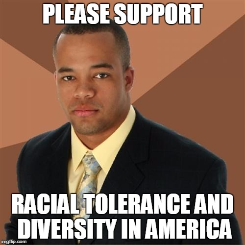 Successful Black Man |  PLEASE SUPPORT; RACIAL TOLERANCE AND DIVERSITY IN AMERICA | image tagged in memes,successful black man | made w/ Imgflip meme maker
