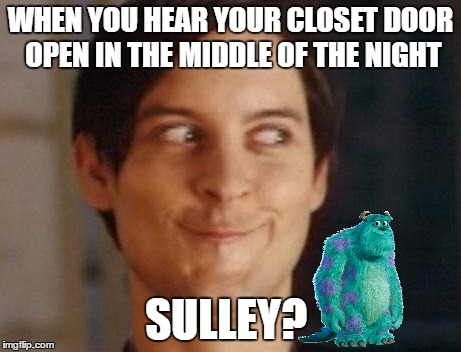Is that you, Sulley? | WHEN YOU HEAR YOUR CLOSET DOOR OPEN IN THE MIDDLE OF THE NIGHT; SULLEY? | image tagged in memes,spiderman peter parker,monsters inc,funny | made w/ Imgflip meme maker