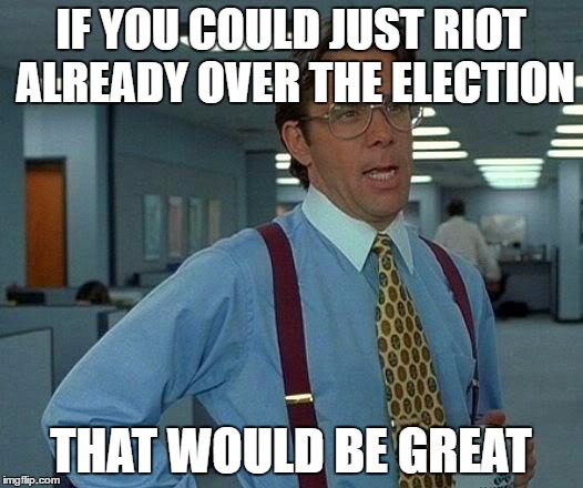 That Would Be Great | IF YOU COULD JUST RIOT ALREADY OVER THE ELECTION; THAT WOULD BE GREAT | image tagged in memes,that would be great | made w/ Imgflip meme maker