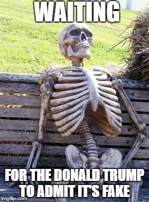 Waiting Skeleton | WAITING; FOR THE DONALD TRUMP TO ADMIT IT'S FAKE | image tagged in memes,waiting skeleton | made w/ Imgflip meme maker